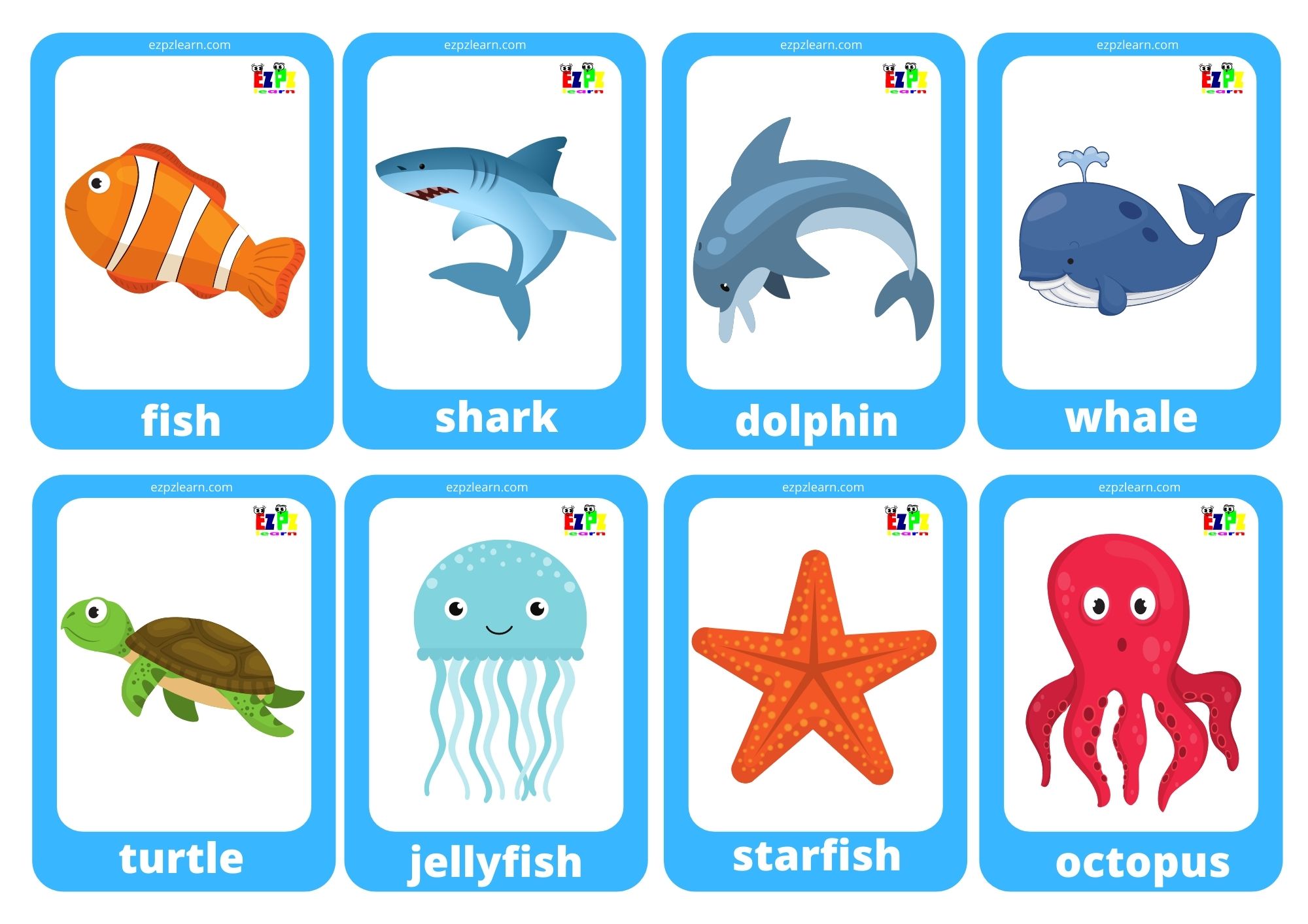 Sea Animals Game Cards Mini Flashcards Ezpzlearn